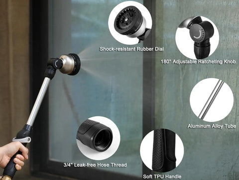 Features of Heavy Duty Metal Garden Hose Wand with 16 Inch Sprayer including rubber dial, ratcheting knob, and aluminum tube.