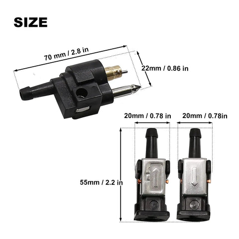 Six Millimeter Marine Fuel Line Connector Kit For Dockside Boat Lines With Male And Female Fittings Fits One Quarter Inch Hose Built For Outboard Motors And Fuel Tanks Three Piece Set, showing size dimensions.