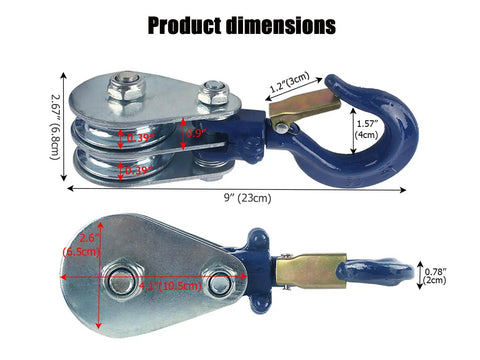 1 Ton Double Pulley Snatch Block With Hook Heavy Duty Wire Rope Lifting Pulley For Traction Trucks And Trolleys Safe Anti Disengagement Design Galvanized Steel Construction Bearings Built In, product dimensions