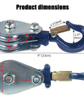 Badass Heavy Duty Double Pulley Snatch Block With Hook 1 Ton Load Rating dimensions showing galvanized steel and hook sizes.