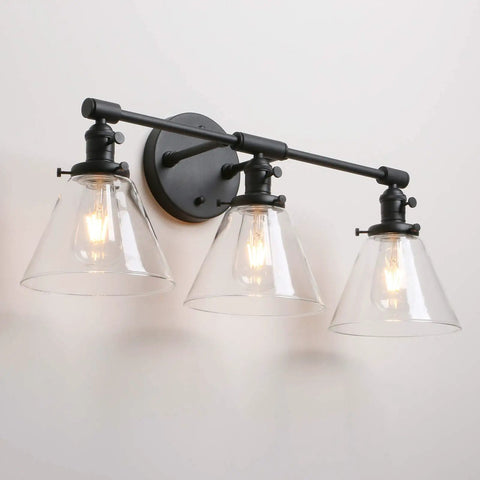 Three Light Dope Vintage Industrial Wall Sconce With Funnel Flared Clear Glass Shade In Black Finish E26 Base