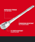 Long Handle 1/2 Inch Drive Ratchet For Pro Grade Heavy Duty Auto Repair And Shop Projects With Smooth 72 Tooth Head