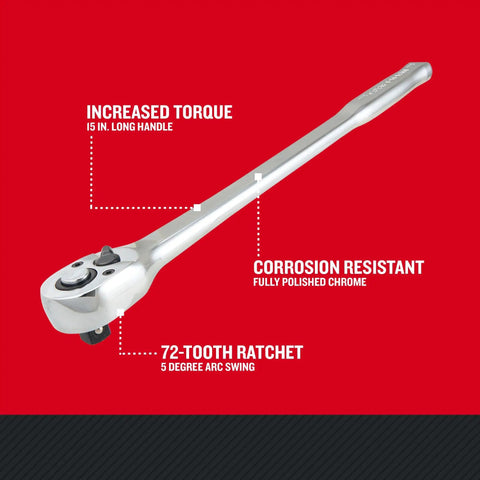 Long Handle 1/2 Inch Drive Ratchet For Pro Grade Heavy Duty Auto Repair And Shop Projects With Smooth 72 Tooth Head