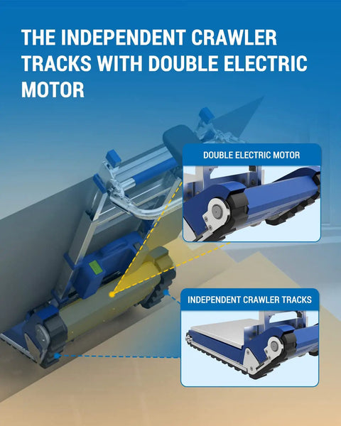 Heavy Duty Electric Stair Climbing Hand Truck With Dual Motors And Smart Load Balancing Board features double electric motor and independent crawler tracks.