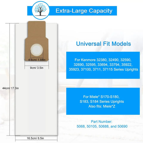 Diagram showing U L O Type Vacuum Bags For Upright Vacuums Compatible With Kenmore, Miele, Panasonic with dimensions and models.