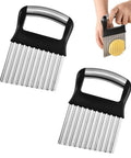 Two-piece stainless steel crinkle cutter set with black handles and wavy blades for crinkle-cut fries and veggies.