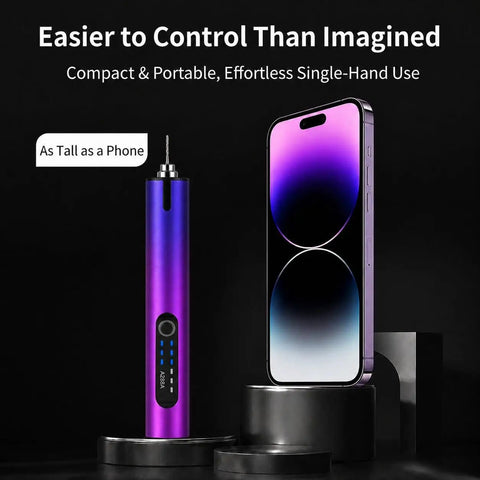 Cordless Rechargeable Engraving Pen With LED Light 18000 RPM High Precision Electric Engraver next to a phone for size comparison