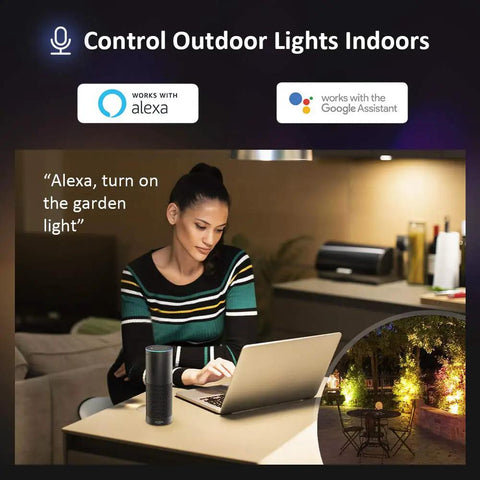 Woman controlling Two Pack 20W Smart LED Flood Lights With RGBCW 2700K-6500K Dimmable Outdoor Stage Lighting via Alexa indoors