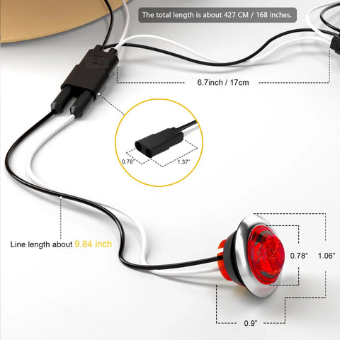 Red 3/4 Inch Trailer LED Marker Lights Kit With 20 Round Lights Chrome Trim Ring Bezels And 2 Pin Wire Harness Roll Plug And Play Connectors displayed with detailed measurements on white background.