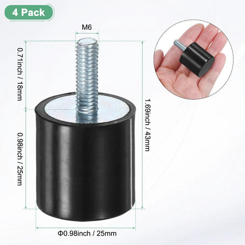 Four Pack Heavy Duty Rubber Mounts D25mm X H25mm Vibration Isolators With M6 X 18mm Studs Cylindrical Shock Absorbers For Air Compressors Cars Pumps Boats Garage Motors And More, black rubber mount with M6 stud