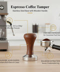Top Shelf Espresso Coffee Tamper With Polished Stainless Steel Base And Sturdy Wooden Grip to Secure Your Pucks on a kitchen counter.