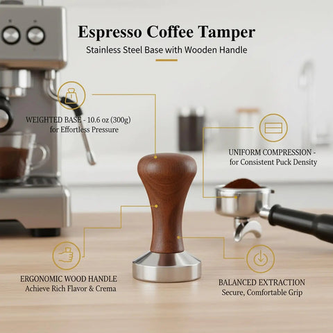 Top Shelf Espresso Coffee Tamper With Polished Stainless Steel Base And Sturdy Wooden Grip to Secure Your Pucks on a kitchen counter.
