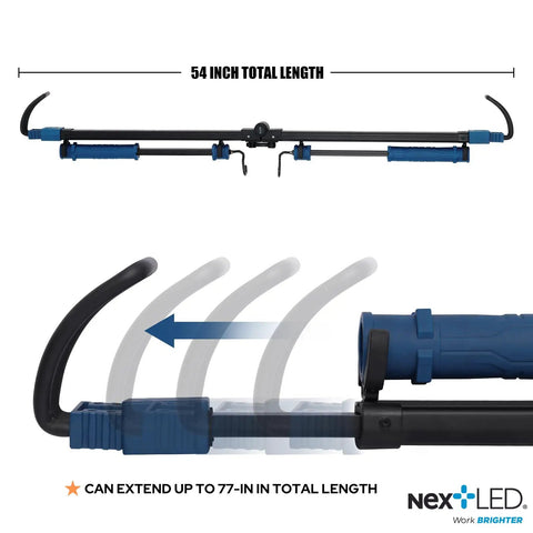 Underhood Work Light With 2000 Lumen LED Power, 8000mAh Battery, adjustable from 54 to 77 inches, in blue and black color.
