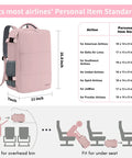 Pink Women Travel Backpack Carry On With Shoe Compartment And Water Bottle Pocket, size comparison chart with airline standards.