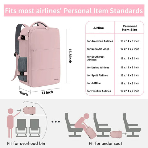 Pink Women Travel Backpack Carry On With Shoe Compartment And Water Bottle Pocket, size comparison chart with airline standards.