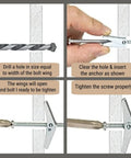 Step-by-step installation of 2 Pack Heavy Duty Drywall Anchors Screws Toggle Bolts Wing Nuts Set For Hollow Walls Hanging Lamps And Heavy Items One Quarter Inch By Three Inches Long Ninety Pounds Capacity