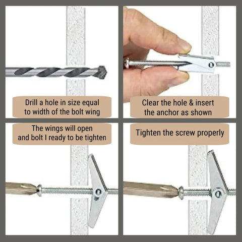 Step-by-step installation of 2 Pack Heavy Duty Drywall Anchors Screws Toggle Bolts Wing Nuts Set For Hollow Walls Hanging Lamps And Heavy Items One Quarter Inch By Three Inches Long Ninety Pounds Capacity