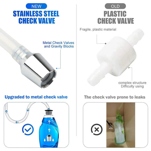 Comparison of metal check valve in Under Counter Kitchen Sink Soap Dispenser Extension Tube Kit 47 Inch Upgrade with plastic check valve