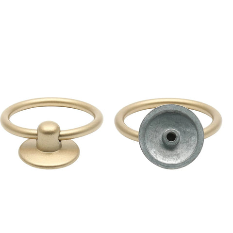 Front and back view of 5 Pack Gold Ring Drawer Pulls With Screws, Brass Cabinet Handles Drop Knobs, single hole mount, ring diameter 1 inch.