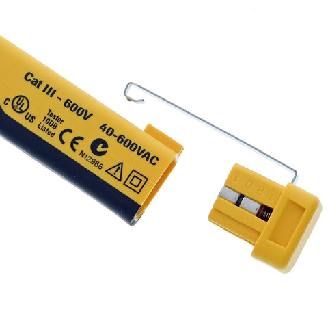 Yellow Volt Aware Non Contact Voltage Tester with green active indicator, Cat III 600V marking, and voltage sensor detail