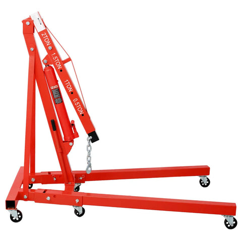 Killer Heavy Duty 2 Ton Folding Engine Hoist Cherry Picker Shop Crane Lift Built Tough On Red Steel with wheels for easy transport.
