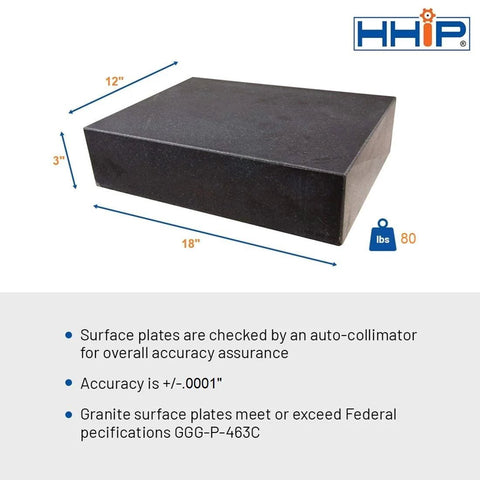 HHIP granite surface plate, 18 x 12 x 3 in, Grade B, black granite, 80 lb