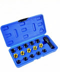 Premium Deep-Seated Metric Plug Thread Repair Tool Kit For Hot Shot Workshop Fixes With Solid Blue Storage Case And Complete Reconditioning Set for Tough Mending Jobs. Open blue case with metal inserts and threaded repair tool.