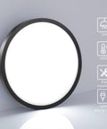 Close-up of a Six Pack 12 Inch Ultra Thin Flush Mount LED Ceiling Light 3200 Lumens 28W Round Flat Surface Fixture 6000K with icons