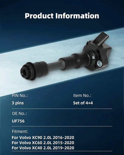 UF756 Ignition Coil Pack With Iridium Spark Plugs Kit, shown with Volvo fitment details for XC90, XC60, and XC40 2.0L models.