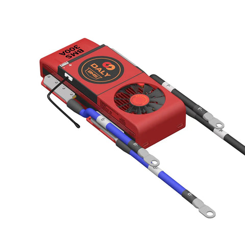 Rock Solid 12V 3S 300A Lithium Battery Protection Board PCB BMS with balance wires and cooling fan for 18650 battery packs.