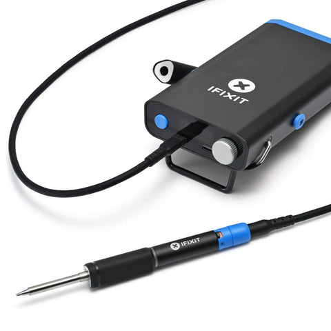 FixHub Portable Soldering Station With Quick Heat Up And Two Smart Ports For On The Go Field And Workshop Fixes, customizable firmware, repairable parts, app connection and lead free solder ready.