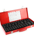 Top Notch 35 Piece Metric Hex Socket Impact Kit With Long And Short Drive Sleeves For Hardcore Automotive Jobs Built From Tough Chrome Vanadium Steel To Handle Heavy Duty Grips And Rust Free Durable Performance Every Single Time. red case open with 35-piece metric impact sockets
