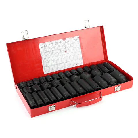 Top Notch 35 Piece Metric Hex Socket Impact Kit With Long And Short Drive Sleeves For Hardcore Automotive Jobs Built From Tough Chrome Vanadium Steel To Handle Heavy Duty Grips And Rust Free Durable Performance Every Single Time. red case open with 35-piece metric impact sockets