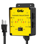 Front view of Ortis Automatic Vacuum Switch for dust control; yellow faceplate, black enclosure, power plug.