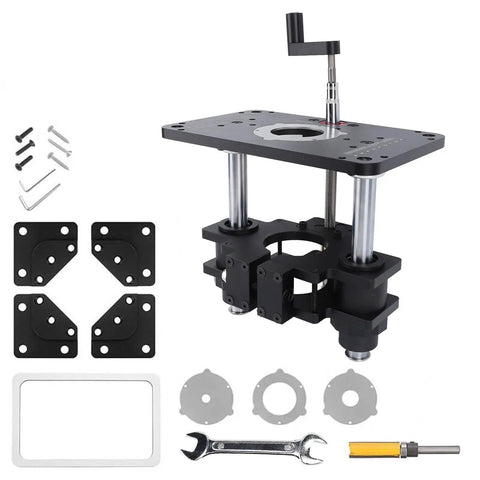 Smooth As Butter Router Lift With Dead On Height Adjustments and Crank Fine Tuning for Router Tables and Woodworking Builds, showing steel base and tools.
