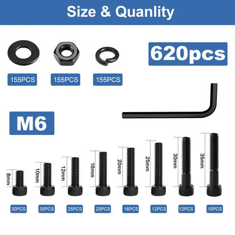 620 Pcs M6 Screw Assortment Kit For 3D Printers With M6 Bolts Nuts Washers Hex Socket Heads And Hex Wrench
