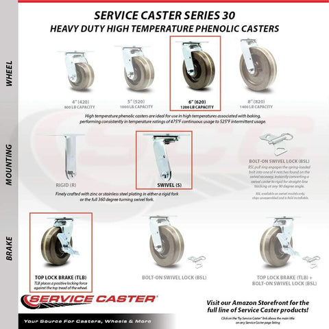 Service Caster 6in phenolic swivel top-plate casters set of 4; 2 swivel with brakes, 2 rigid, 4,800 lb capacity