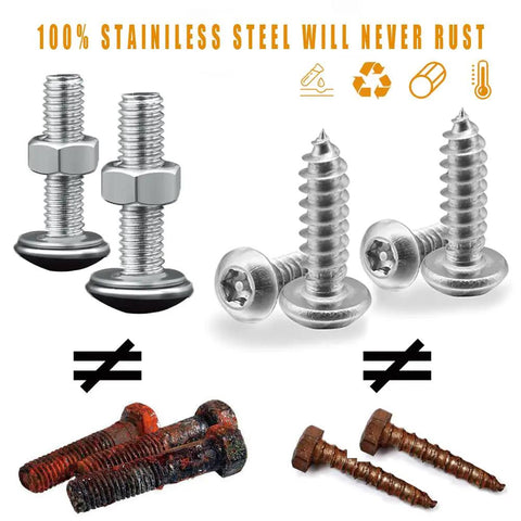 Tough As Nails Anti Theft License Plate Screws Featuring Tamper Resistant M6 Security Bolts In Rust Proof 304 Stainless Steel, comparison image.