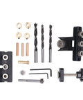 Heavy-Duty Doweling Jig Drill Kit With Adjustable Depth Locator And Three Pro Bits For Slick Woodworking Jobs and tools laid out on a white background.