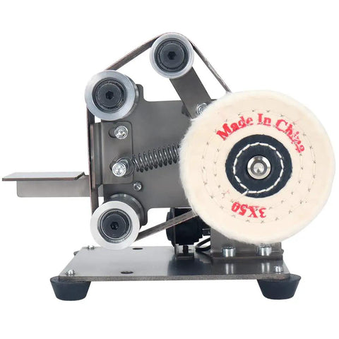 Front view of Mini Belt Sander For DIY Projects, Portable Electric Bench Grinder Polisher With 7 Adjustable Table.