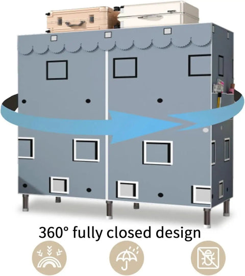 Heavy Duty Portable Wardrobe Closet With Zipper Dust Shield Cover And Sturdy Hanging Rods Plus Spacious Shelves in a 360° fully closed design.