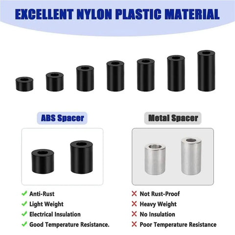 960 Piece Black Nylon Spacers Assortment Kit For Screws And Electrical Installations, Round Spacers For Outlet And Switch Receptacle Mounting, DIY Friendly Multi Size Inner Diameters And Lengths For Stable Misalignment Fix, black nylon spacers shown