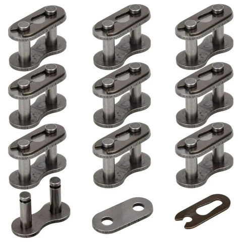 420 Chain Master Link Roller Connector Kit For 50cc To 212cc Dirt Bikes ATVs Go Karts and Mini Bikes Ten Pack Replacement Fits TaoTao Coolster Coleman Baja and More shown in steel