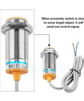 Inductive Proximity Sensor With 10mm Detection Range DC NPN 3 Wire NO Switch shown with cable and durable housing