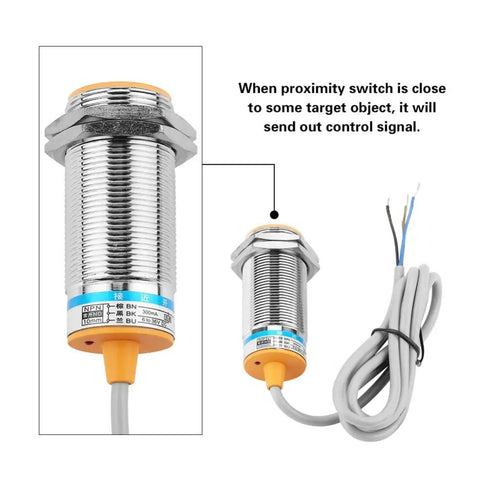Inductive Proximity Sensor With 10mm Detection Range DC NPN 3 Wire NO Switch shown with cable and durable housing