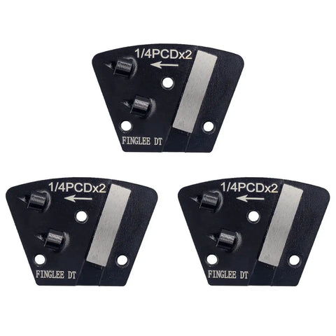Three Piece Trapezoidal Diamond Grinding Discs Set, Two By One Quarter PCD Bar, Counterclockwise Diamond Shoes For Epoxy Thick Mastic Glue Paint And VCT Removal, Fast Change Left Turn Design Boss Grade viewed from above.