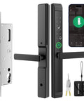 Sliding Glass Door Lock With Fingerprint And App Control Smart Mortise Lock With IC Card Keys Black Finish, shown with parts
