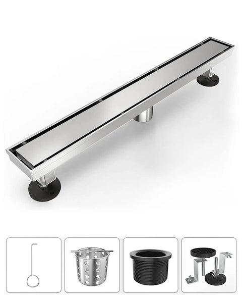 No-Fuss 2 In 1 Linear Shower Drain 24 Inch Brushed Nickel Stainless Steel Floor Drain With Tile Insert Grate Adjustable Feet