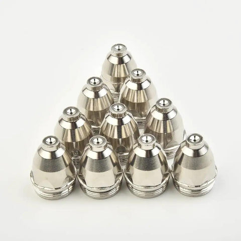 Premium Plasma Cutter Consumables Kit For P80 With Hafnium Electrodes And Copper Nozzles To Deliver Precise Clean Cuts On Steel While Boosting Longevity And Stability During Heavy Duty Fabrication Jobs. 10 copper nozzles arranged in a pyramid.