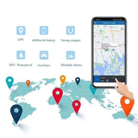 Kickass Magnetic Gps Tracker With Real Time Vehicle Location Stealth Build And Killer Battery Life For Cars Trucks Trailers Fleet Management Plug And Play 4G Lte Sim Included Now displayed on smartphone with map and GPS icons.